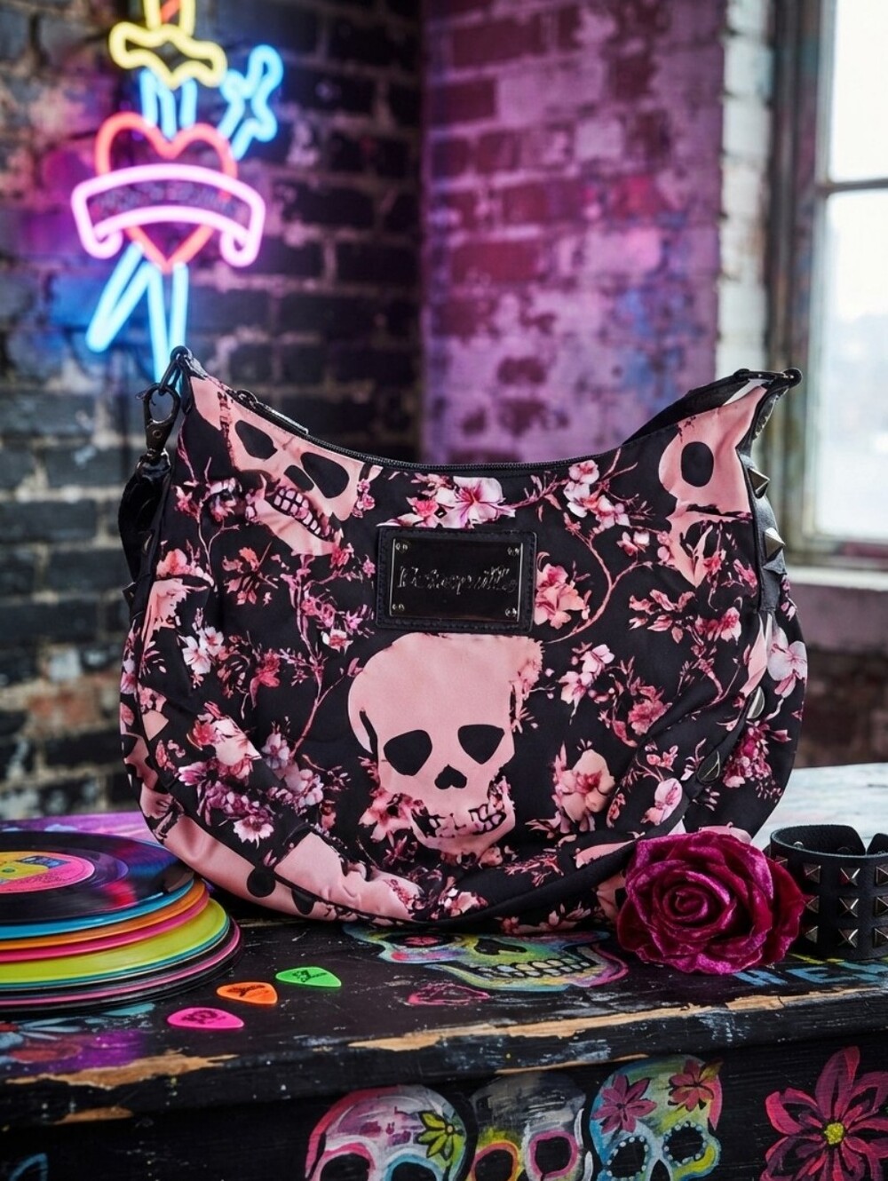 Vintage Betsey Johnson Hobo Purse w/Pink Skulls & Cherry Blossom Flora Branches